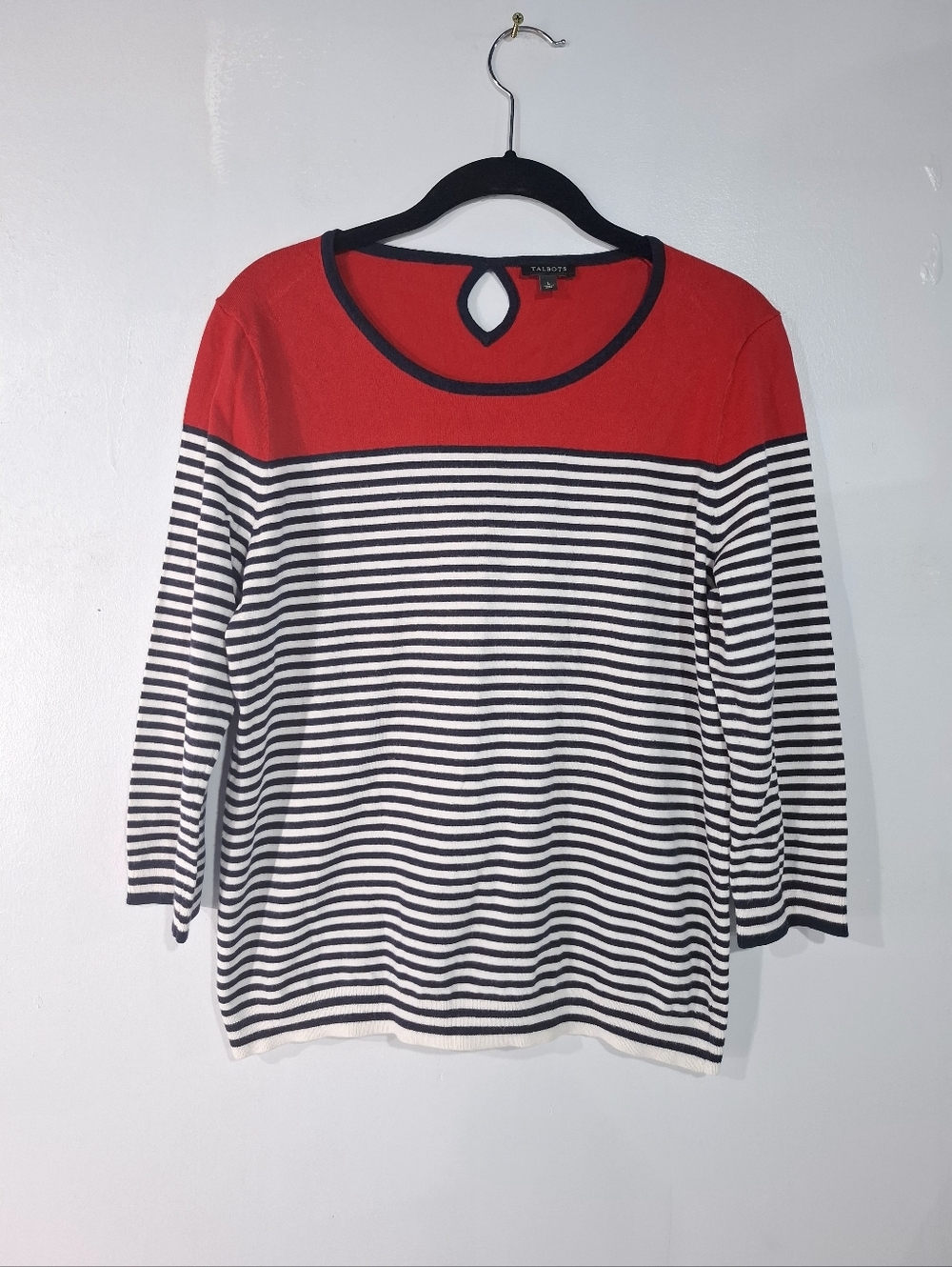 Talbots Women's Black White Red Stripe Sweater Nautical Coastal Preppy Sz L